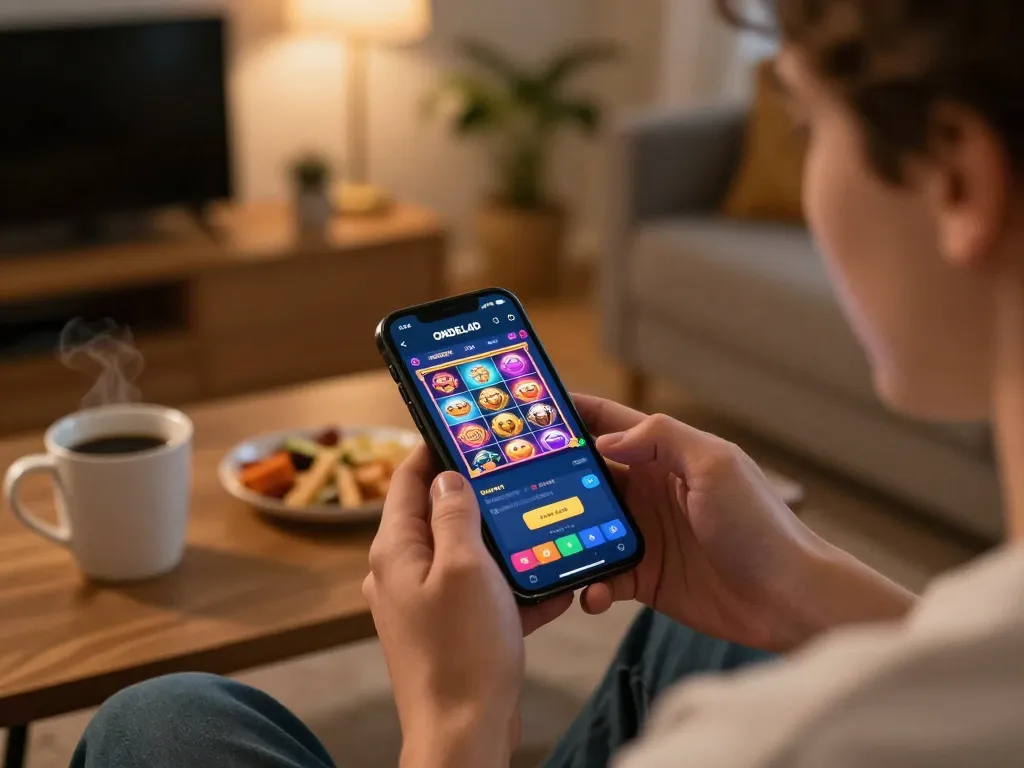 Player enjoying ONDEL4D slot games on their smartphone in a cozy home setup
