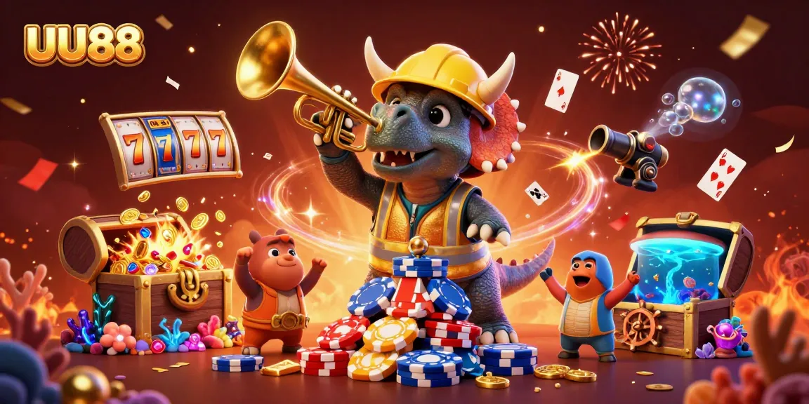 Win big with UU88 in this vibrant casino scene featuring animated dinosaurs and dynamic gambling elements.