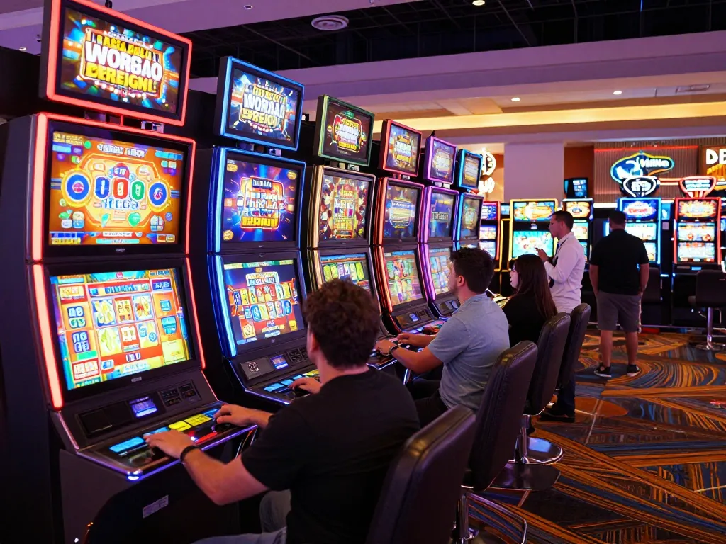 Pemain yang menikmati sesi mendebarkan di mesin slot bertema spaceman di kasino Vegas yang meriah