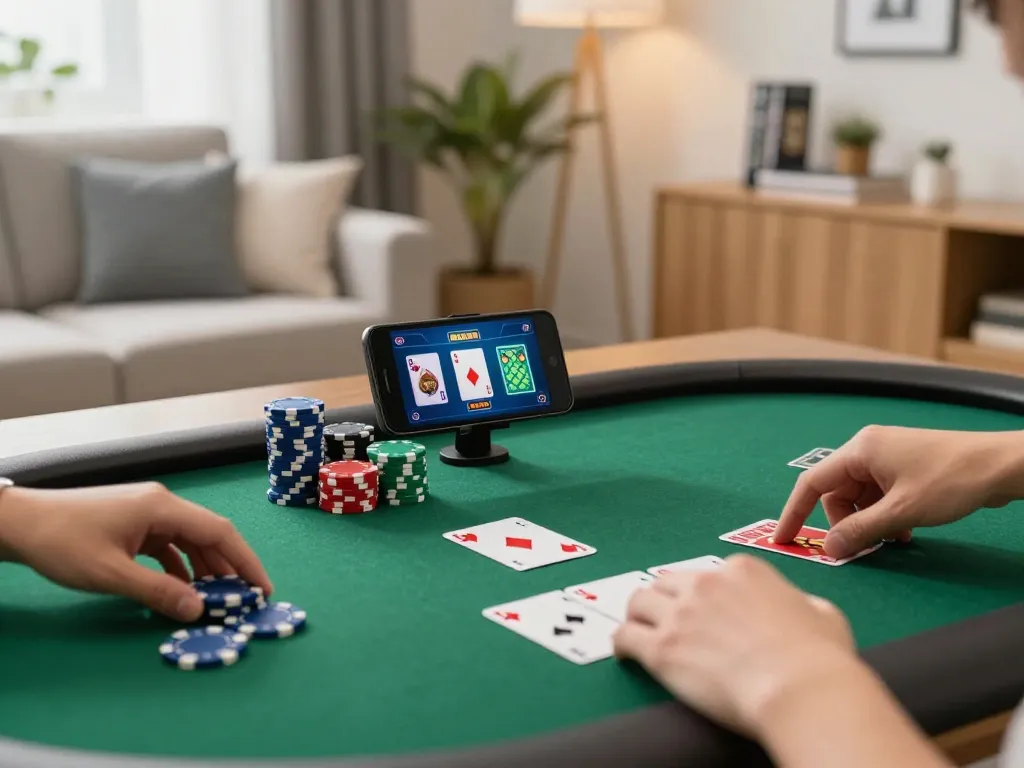 Engaging in fly88 đăng nhập through mobile poker gameplay with vibrant chips and cards.