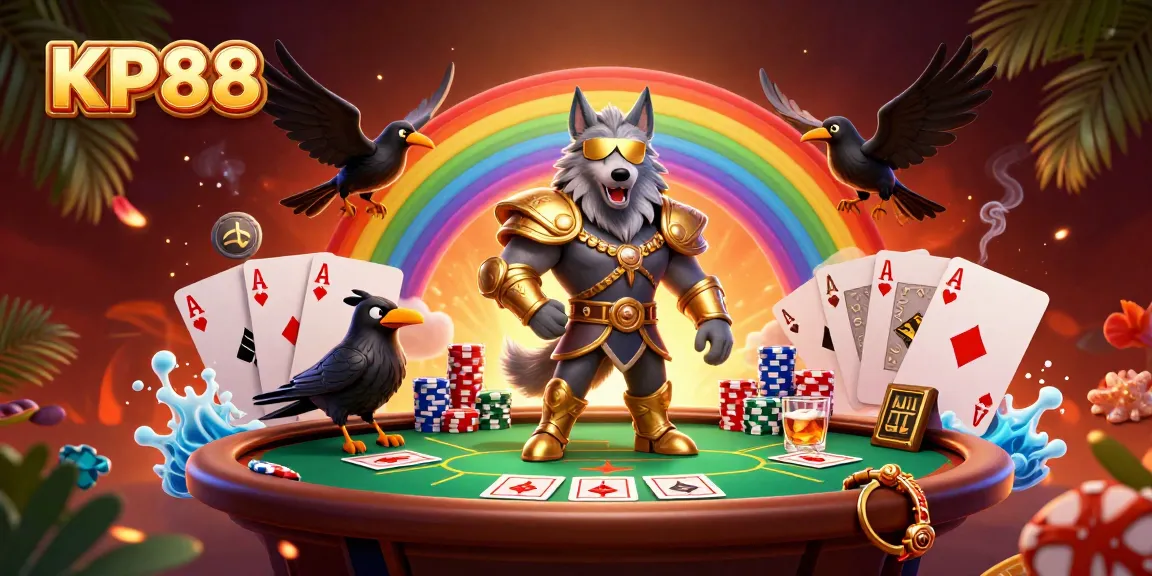 Engage with KP88 through a dynamic poker scene depicting mythological elements and vibrant gaming action.