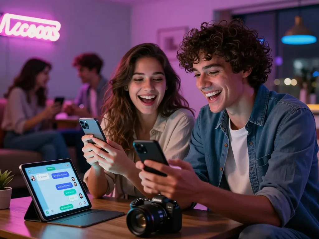 Couple enjoying playful ai sexting with smartphones in a cozy apartment.