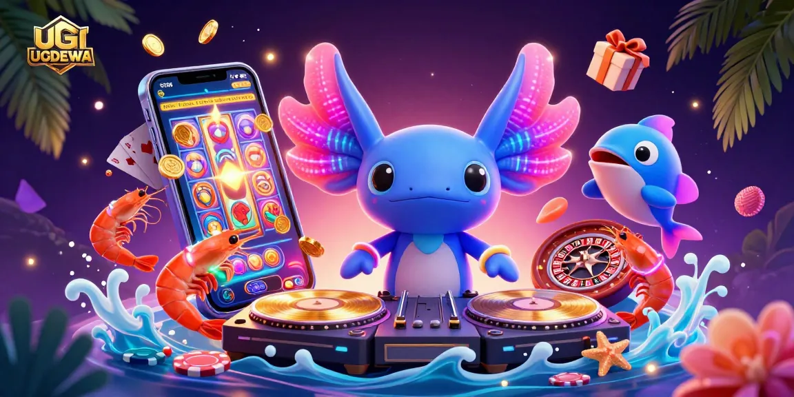 Join the fun with UGDEWA's vibrant gaming scene featuring a lively DJ, shrimp dancers, and exciting slot action.