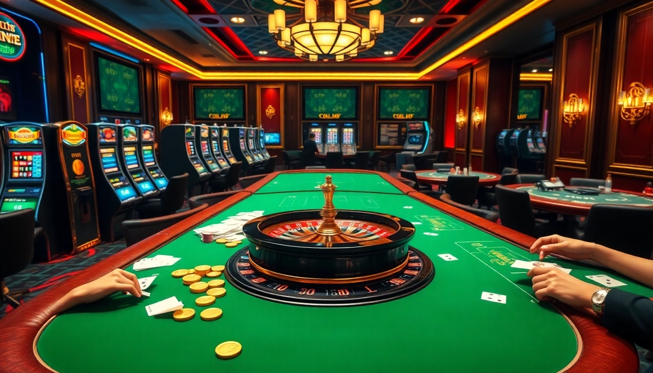 Engaging gamblers at thabet777 with vibrant online casino visuals showcasing tables, chips, and slot machines.