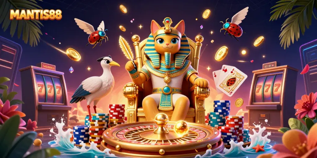 MANTIS88 engages players with vibrant Egyptian-themed casino elements, featuring pharaoh cat and sparkling gems.