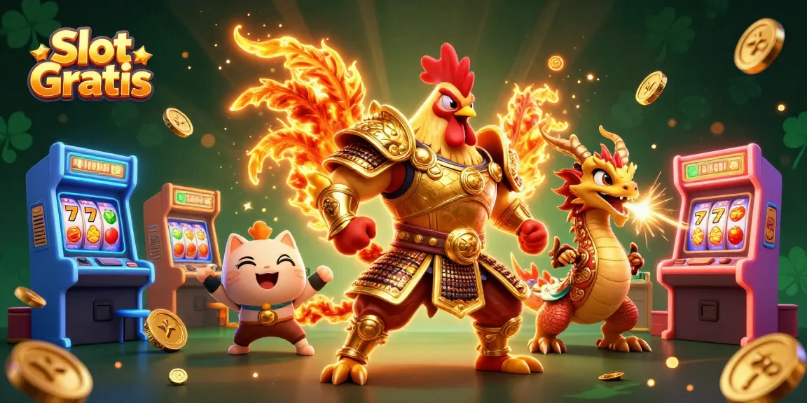 Engage with Slot Gratis as a cartoon rooster warrior battles alongside a dragon in a vibrant casino setting.