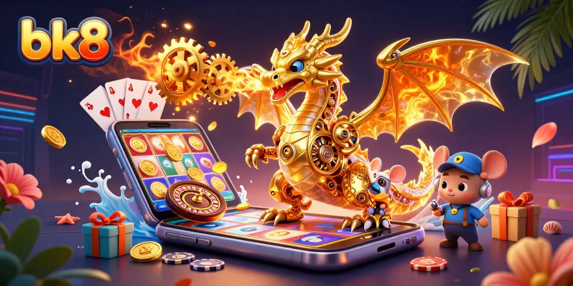 Engage with bk8's vibrant casino scene featuring a golden dragon and immersive game elements.