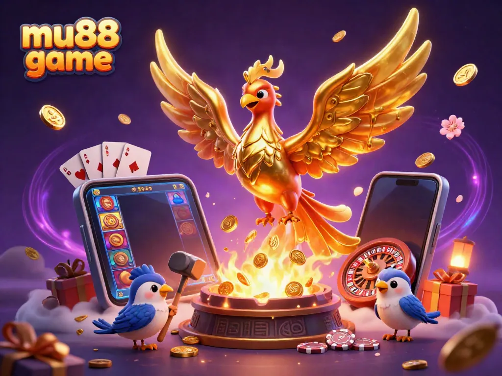 Experience the immersive mu88 game with a golden phoenix and dynamic casino elements in 3D.