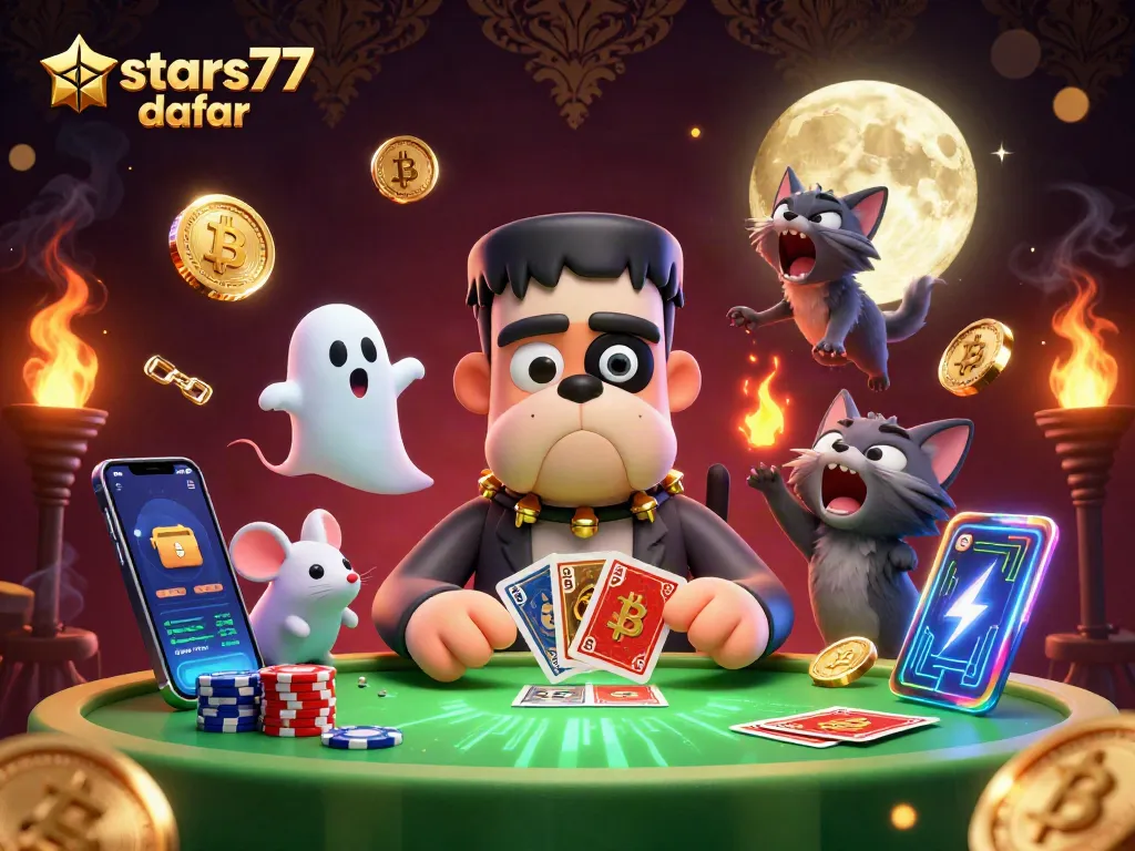 Saatnya bermain di daftar stars77, dengan monster bulldog dan kucing serigala menikmati permainan kartu di meja kasino spooky.