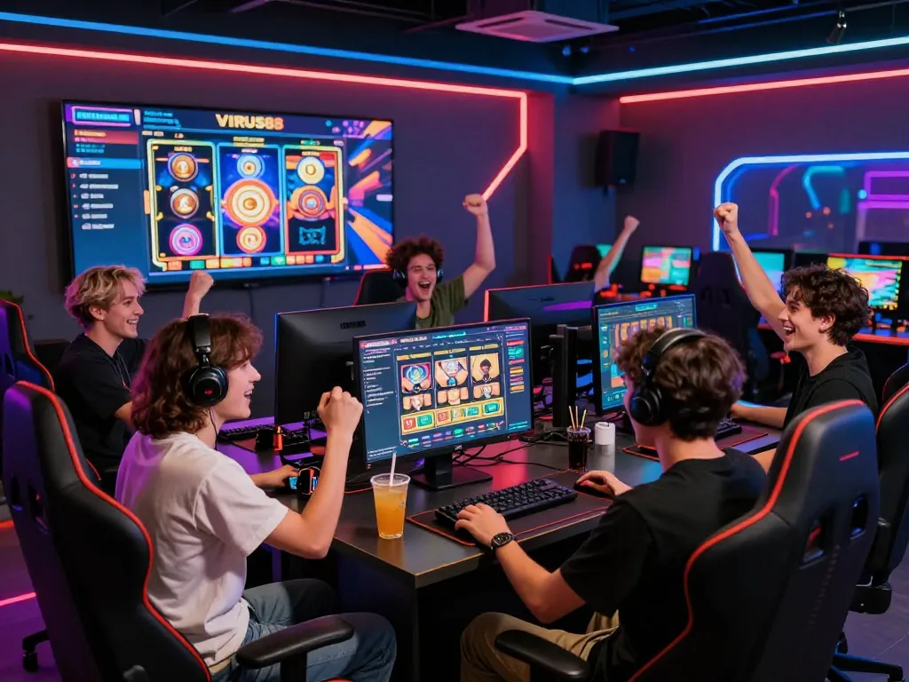 Gamer yang terlibat menikmati keseruan permainan slot VIRUS88 di lingkungan yang hidup.