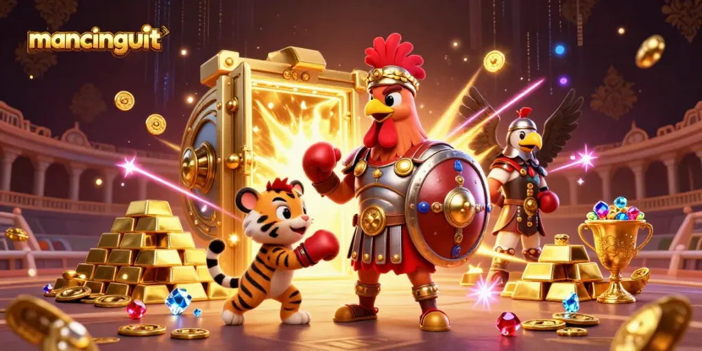 Mancingduit showcases a thrilling 3D casino scene with a gladiator rooster and treasure