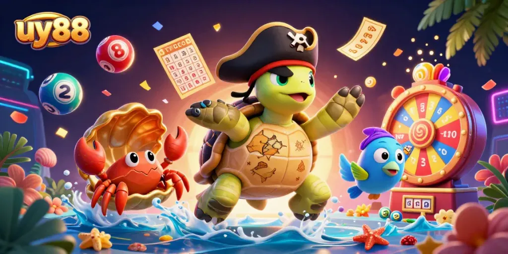Engage with uy88's thrilling games over a treasure-filled scene featuring vibrant lottery balls and golden cards.
