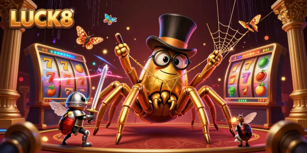 Experience the thrill of LUCK8 with golden spider and knight in a fantastical casino scene.