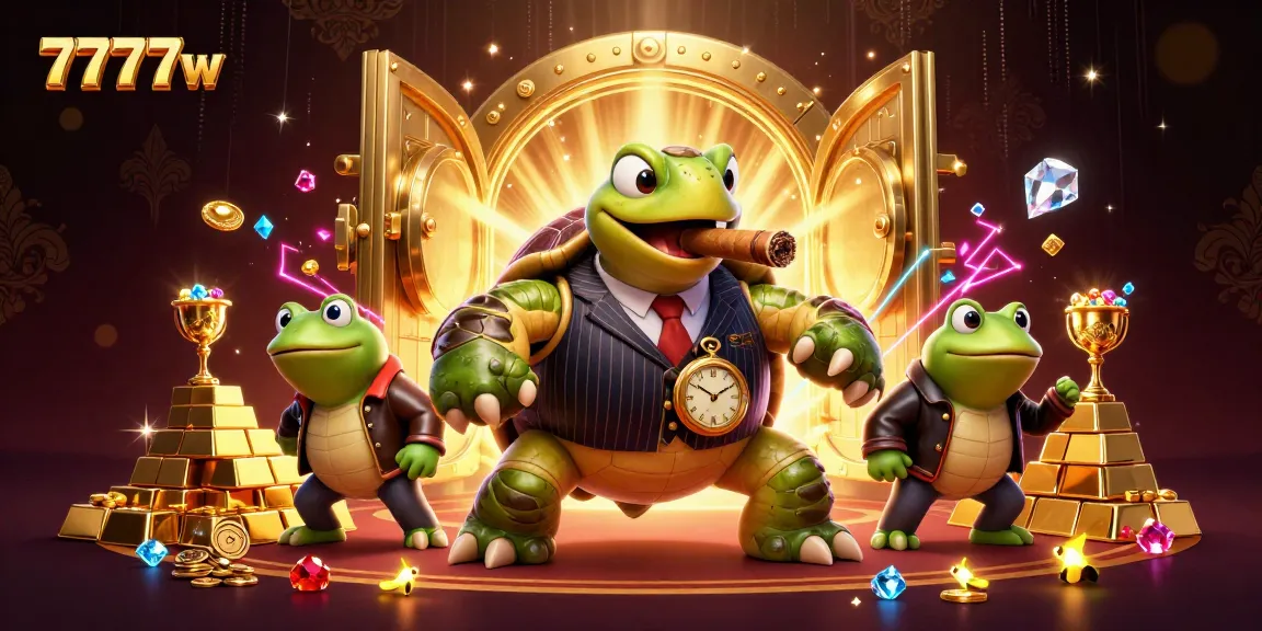 Engage in thrilling gameplay at 7777w with a cartoon turtle in vintage casino attire amidst treasures.