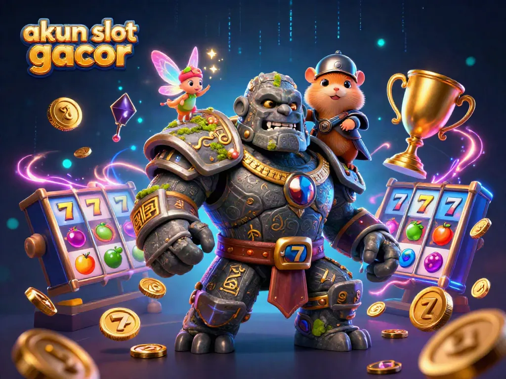 Permainan akun slot gacor yang menarik dengan karakter golem dan raja hamster dalam ilustrasi 3D yang dinamis.