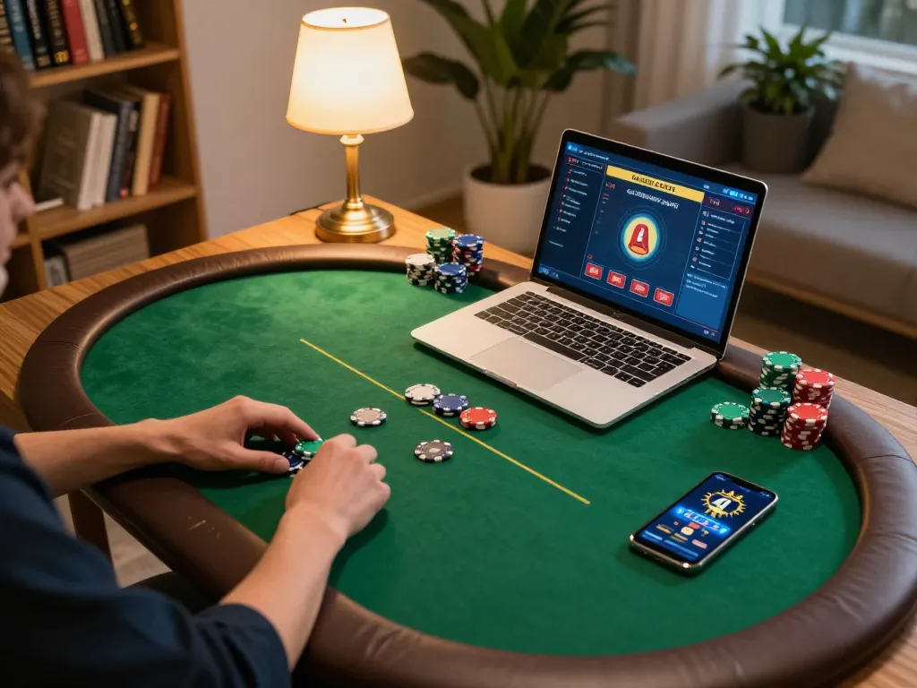 Engaged player strategizing in OK8386 online poker game with chips and mobile app.