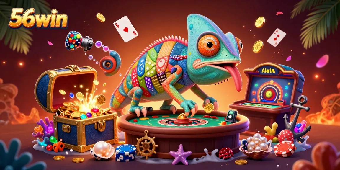 Players engage with vibrant gameplay at 56win, featuring an animated chameleon casino owner and dynamic game elements.
