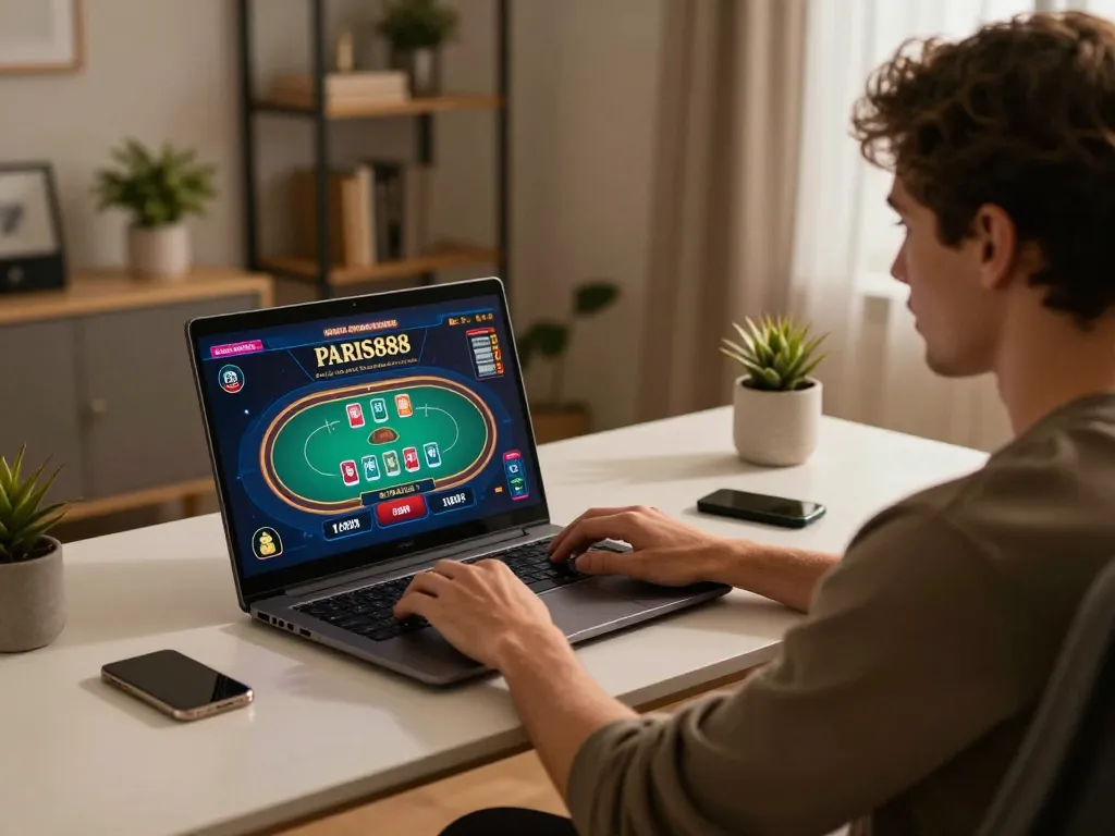Pemain berinteraksi dengan kasino online Paris888 dari setup rumah yang stylish sambil mengelola bankroll dengan akurat.