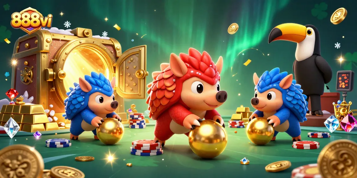 Experience thrilling casino action with 888vi as pangolins roll golden balls through poker chips.