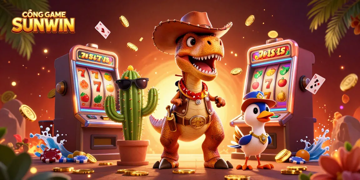 CỔNG GAME SUNWIN showcases a vibrant casino scene with a T-Rex, cactus, and roadrunner amidst slot machines and poker chips.