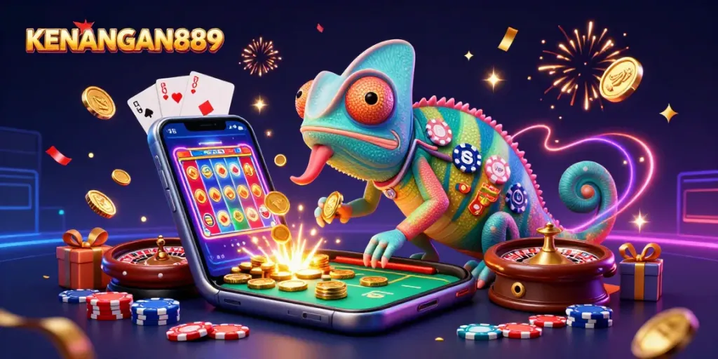 KENANGAN889 chameleon casino owner snatches golden coins amid a vibrant gaming scene.
