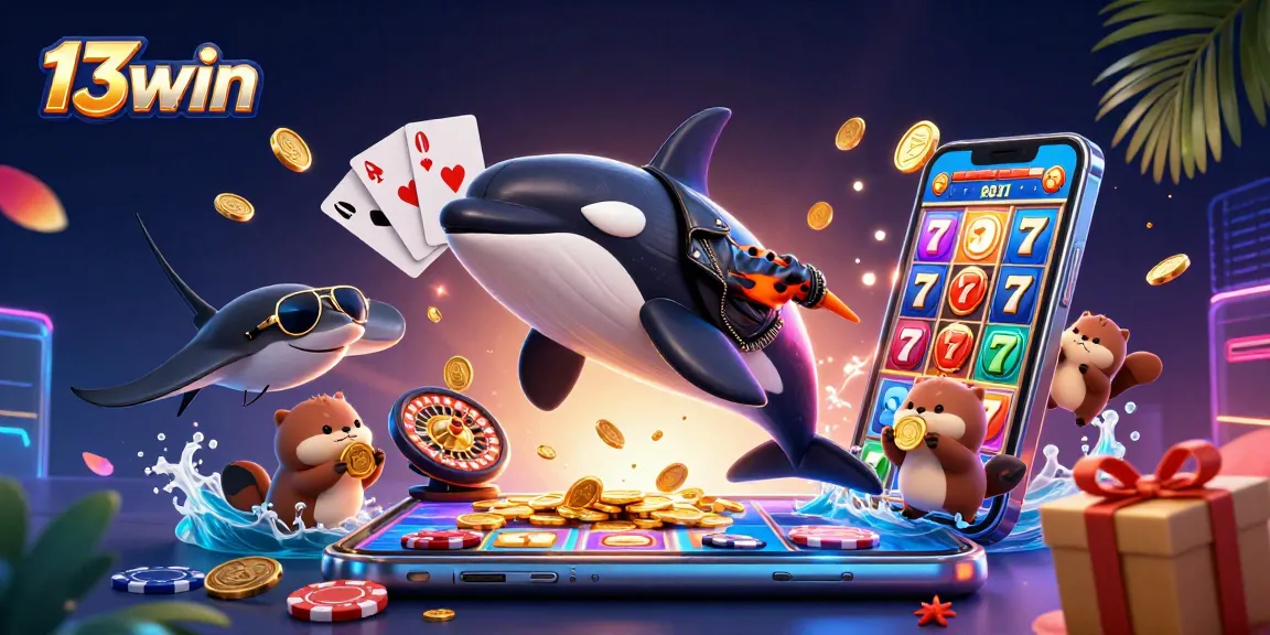 Experience thrilling slots with 13win as an orca whale jumps amid vibrant casino elements and golden coins.