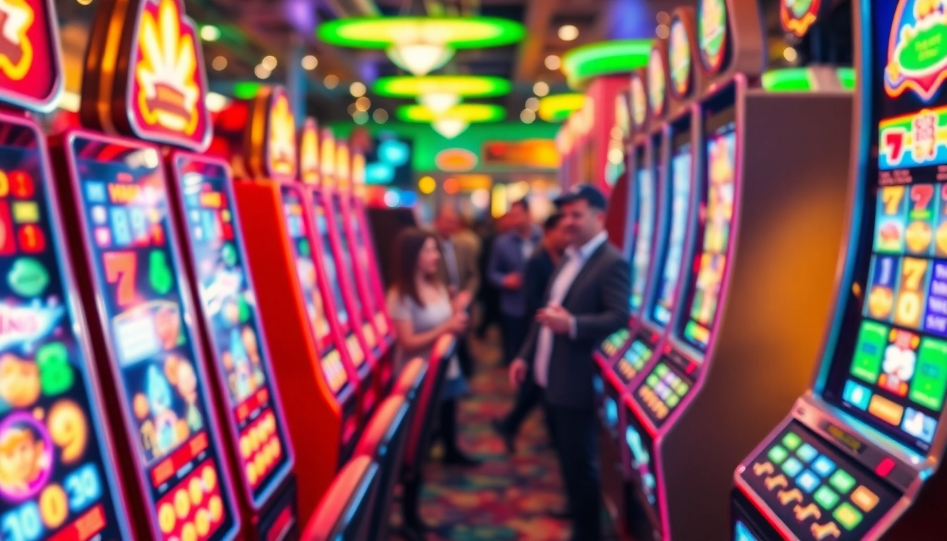 Menampilkan kasino tunai138 dengan mesin slot berwarna-warni dan pemain yang antusias.