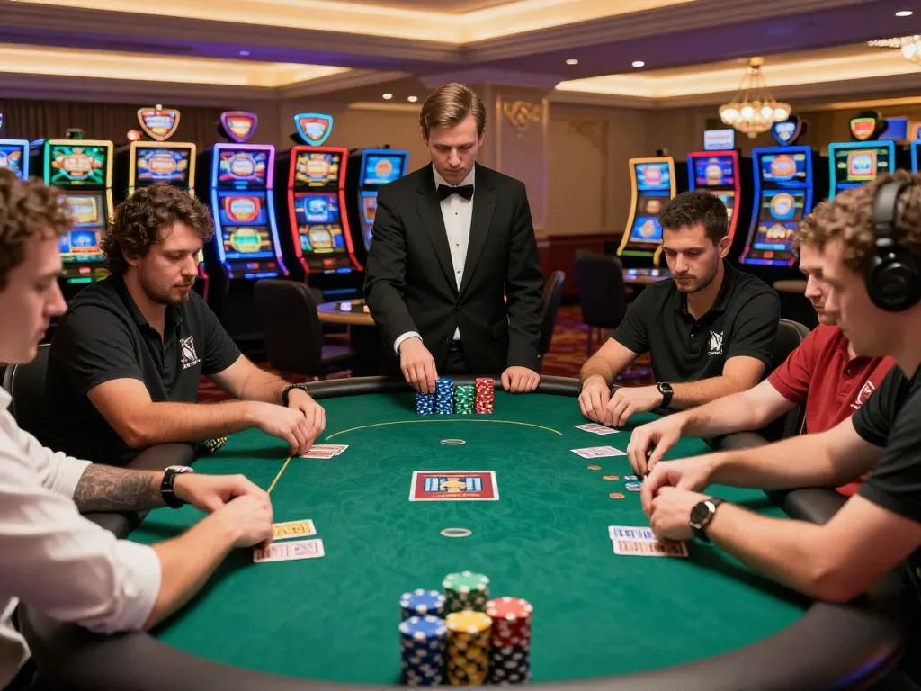 Players engaged in a thrilling poker game at a luxe casino, showcasing a SC88 table and strategic gameplay.