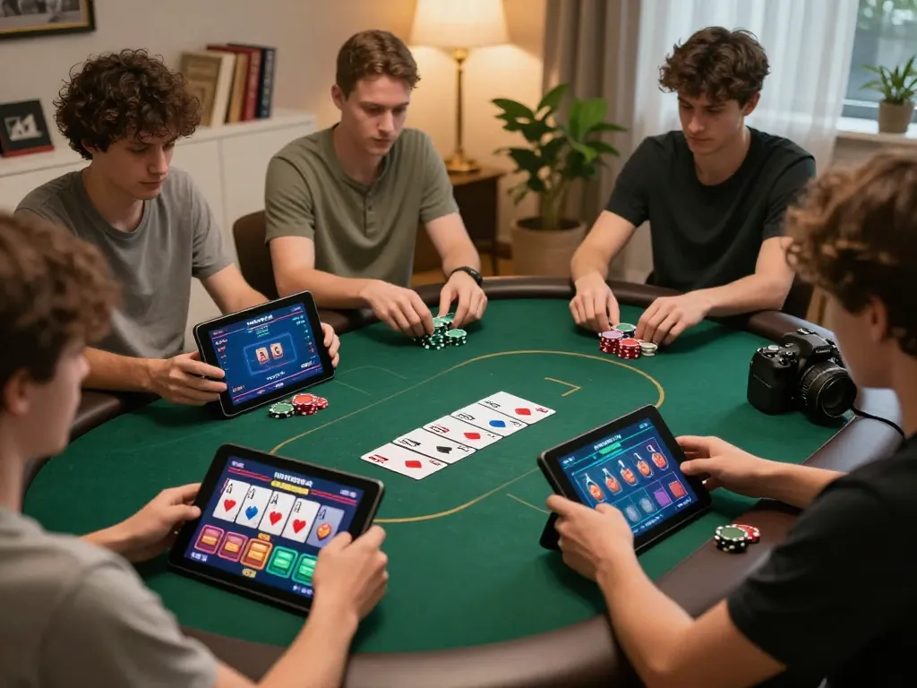 MPO08 players immersed in strategic online poker gameplay at home, showcasing excitement and concentration.