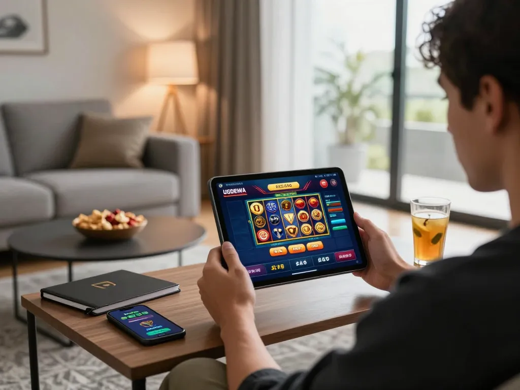 Player engaging with the UGDEWA casino app on a tablet in a cozy living room, showcasing responsible gambling.
