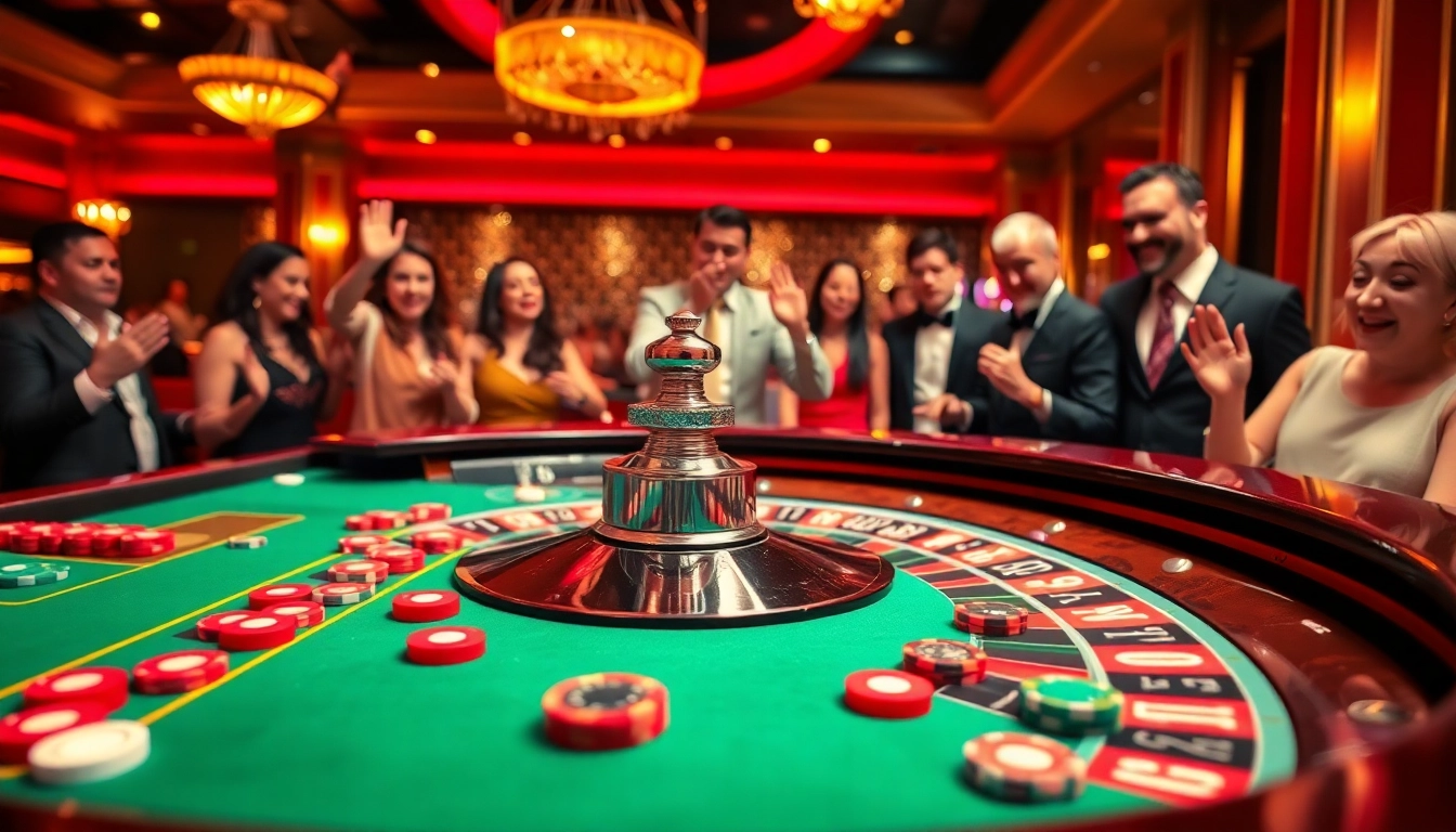 Kutu4d pada permainan kasino dengan dealer ceria dan meja roulette yang meriah.