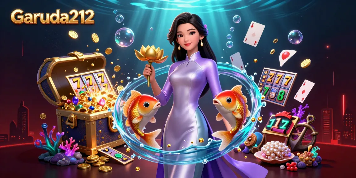 Experience the thrilling Garuda212 casino journey with an elegant Asian woman holding a lotus flower amid vibrant game elements.