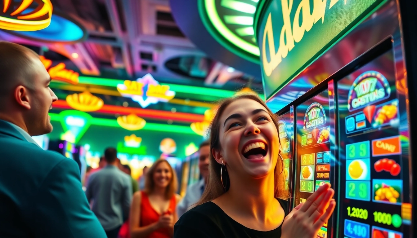Slot mesin yang cerah dan menarik dengan pemain yang bersemangat di kasino.