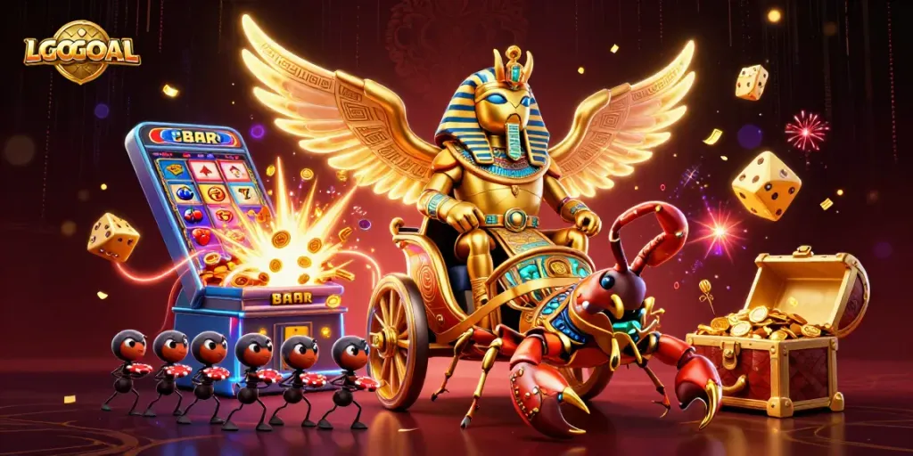 Experience LGOGOAL's vibrant casino adventure featuring a golden beetle and scorpions amidst a jackpot explosion.