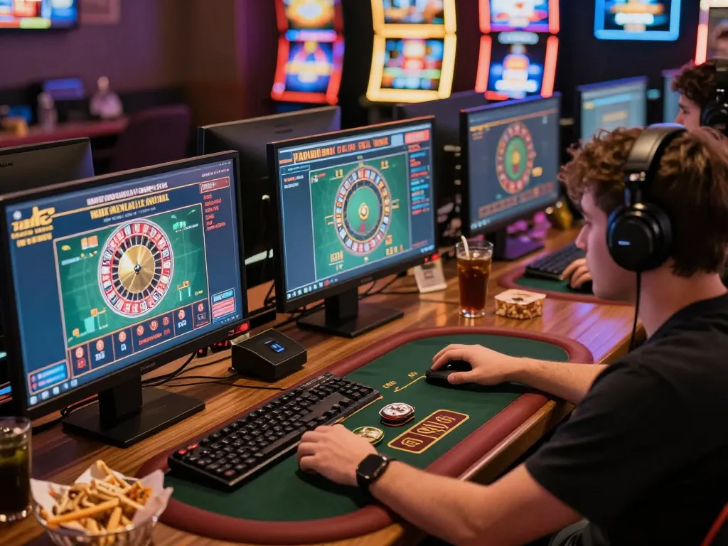 Engage in the thrill of go8 gaming with multiple screens showcasing casino action in a cozy home setup.