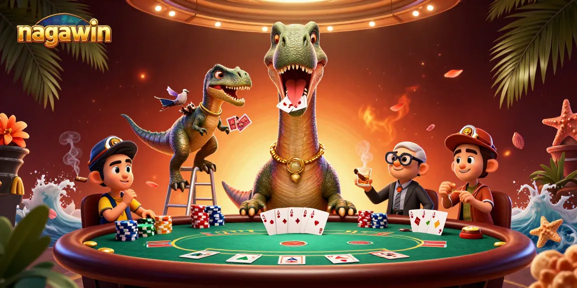 Experience excitement at nagawin with a dynamic poker scene featuring vibrant cartoon characters and casino elements.