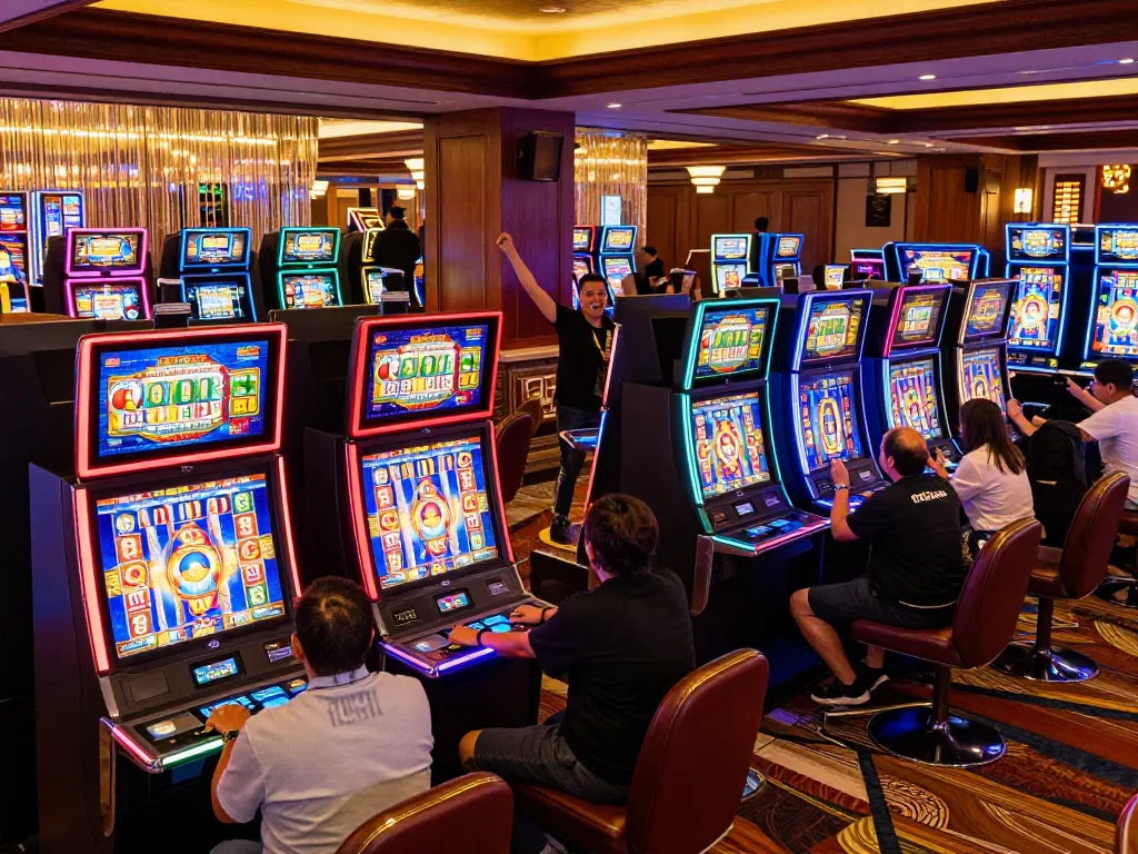Engaged players celebrating wins at qqalfa slot machines in a vibrant casino environment.