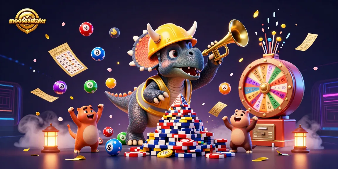 Mooseandtater illustrates a fun casino scene with a triceratops and parasaurolophus celebrating with lottery elements.