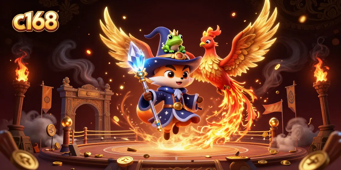 Engage in thrilling moments with c168's magical casino adventure featuring a wizard fox and phoenix.