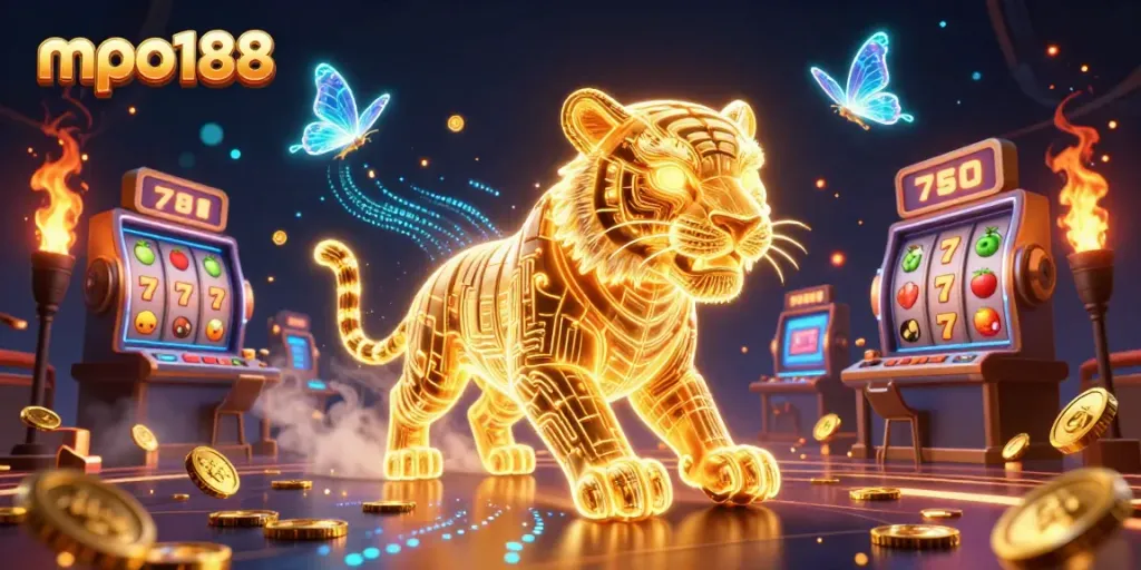 Menangkan di mpo188 dengan harimau emas bercahaya energik yang berkelana di kasino digital.
