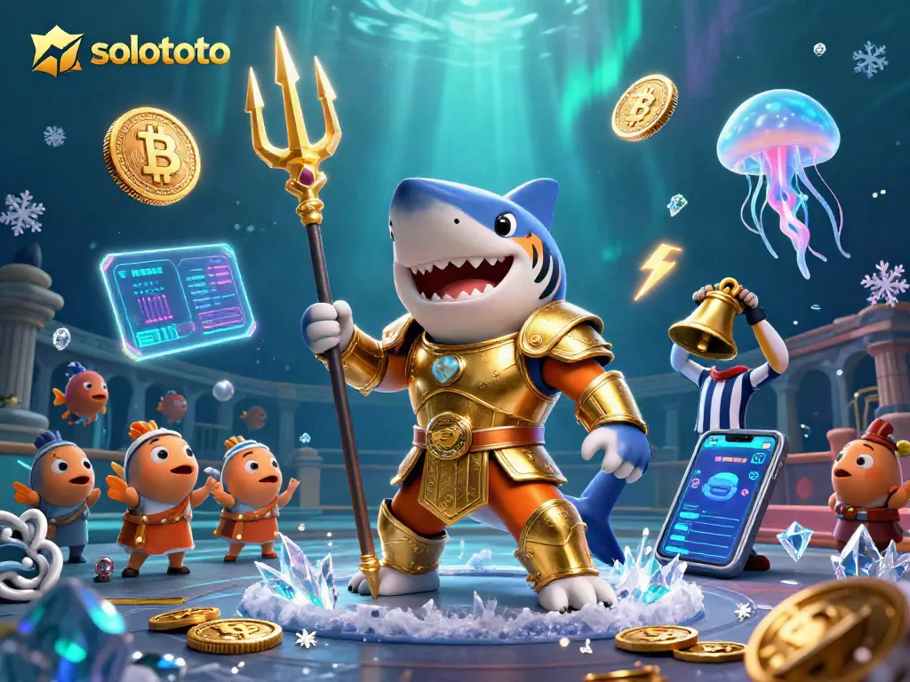 Solototo menghadirkan aksi mengesankan dalam ilustrasi 3D kasino dengan hiu dan elemen kripto.