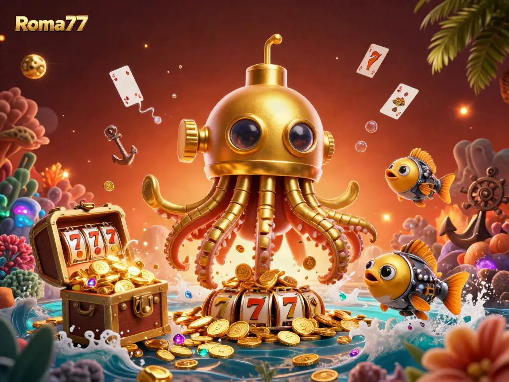 Experience the excitement of Roma77 with a 3D kraken submarine surrounded by golden coins and slot elements.