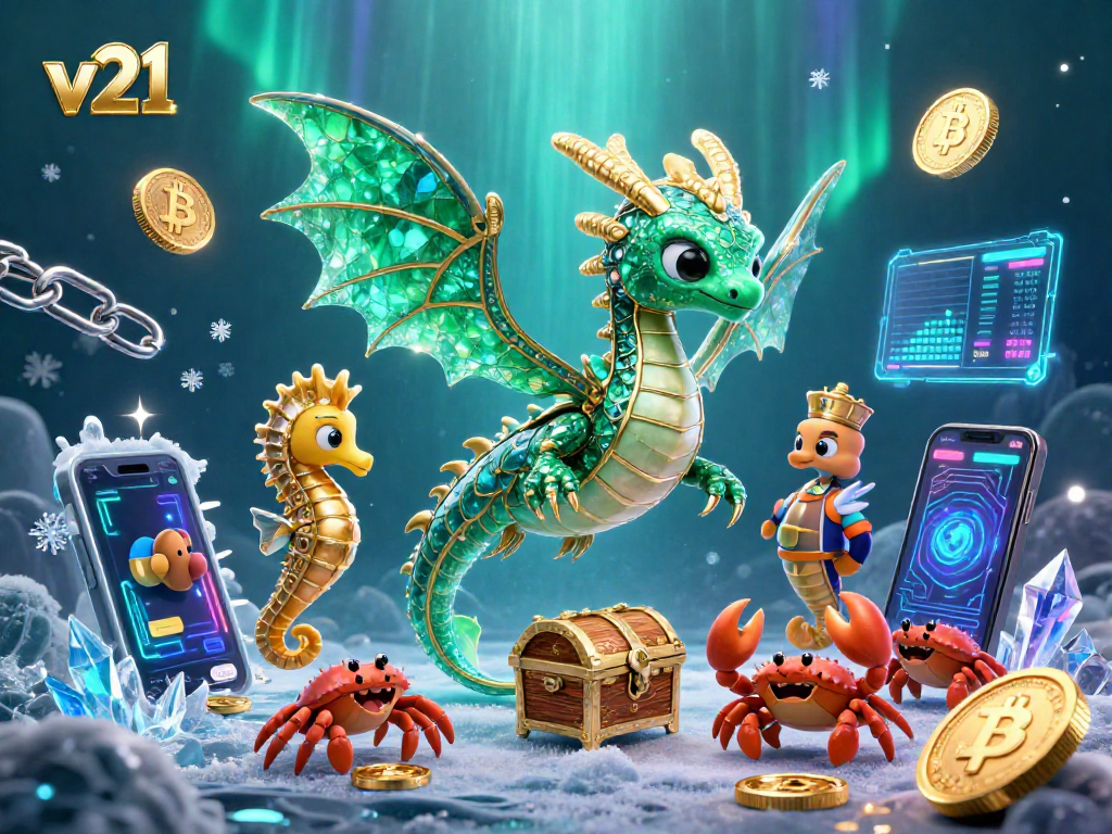 v21 menggandeng seorang naga laut 3D dengan koin Bitcoin dan Ethereum saat bermain slot online.
