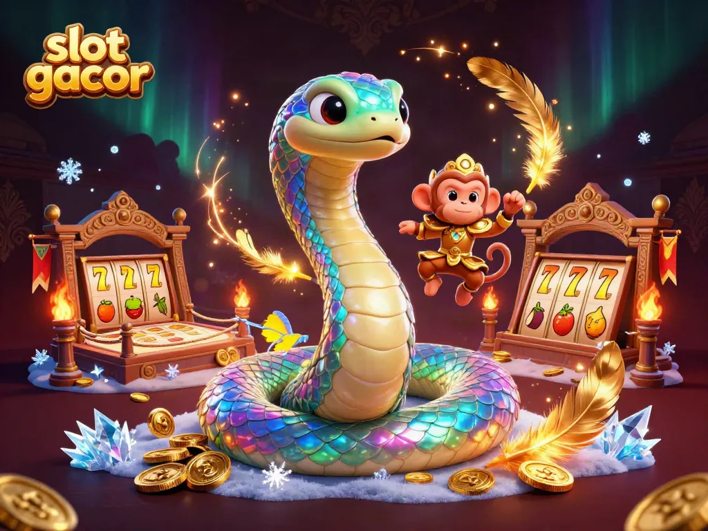 Slot gacor menghadirkan ilustrasi 3D menakjubkan dengan naga pelangi dan karakter menarik dalam suasana kasino.