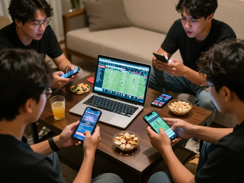 Sports betting enthusiasts analyzing keo nha cai on smartphones during a friendly game night.