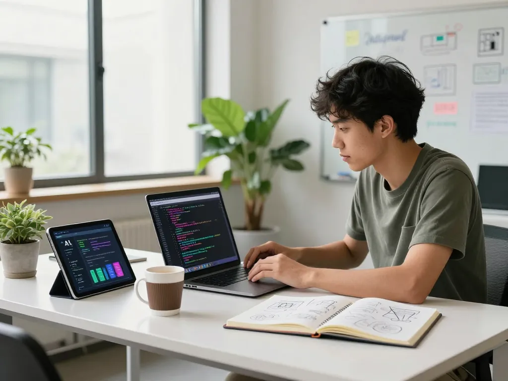 young developer focusing on crush ai code in a modern workspace