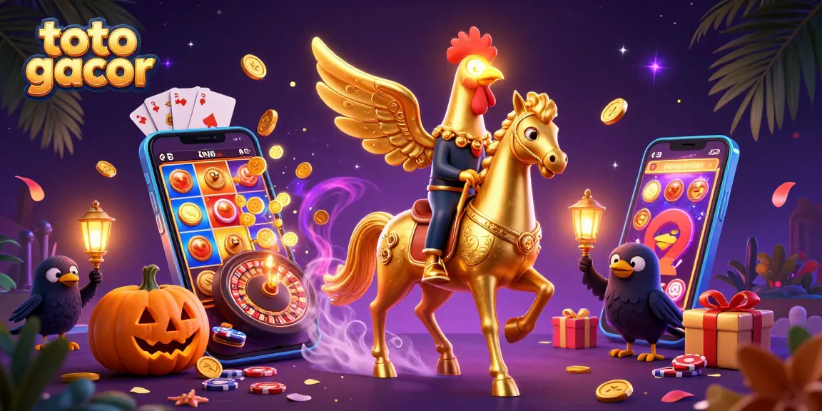 Menangkan permainan toto gacor dengan ilustrasi 3D ayam emas dan permainan kasino yang berwarna-warni.
