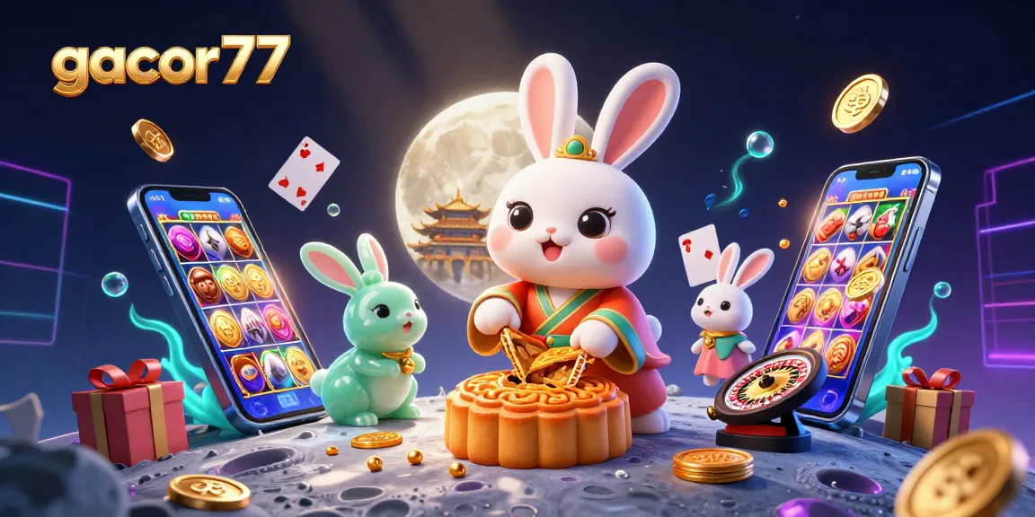 Gacor77 menampilkan kelinci bulan 3D mengocok poker chip di luar angkasa dengan efek cerah.