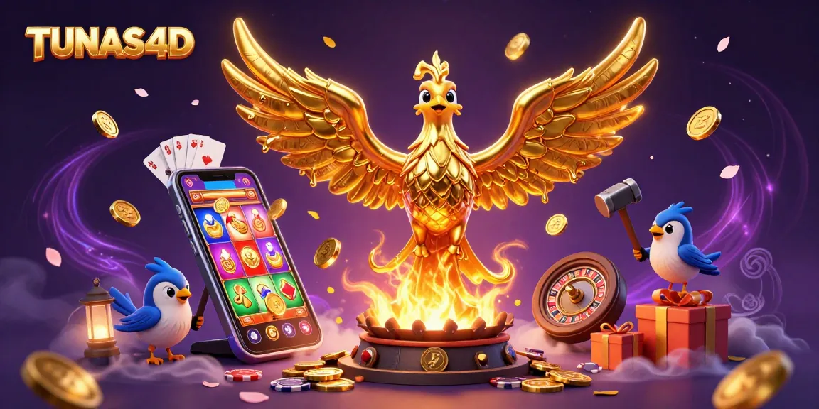TUNAS4D showcases an enchanting golden phoenix in a vibrant casino scene with slot games and golden coins.