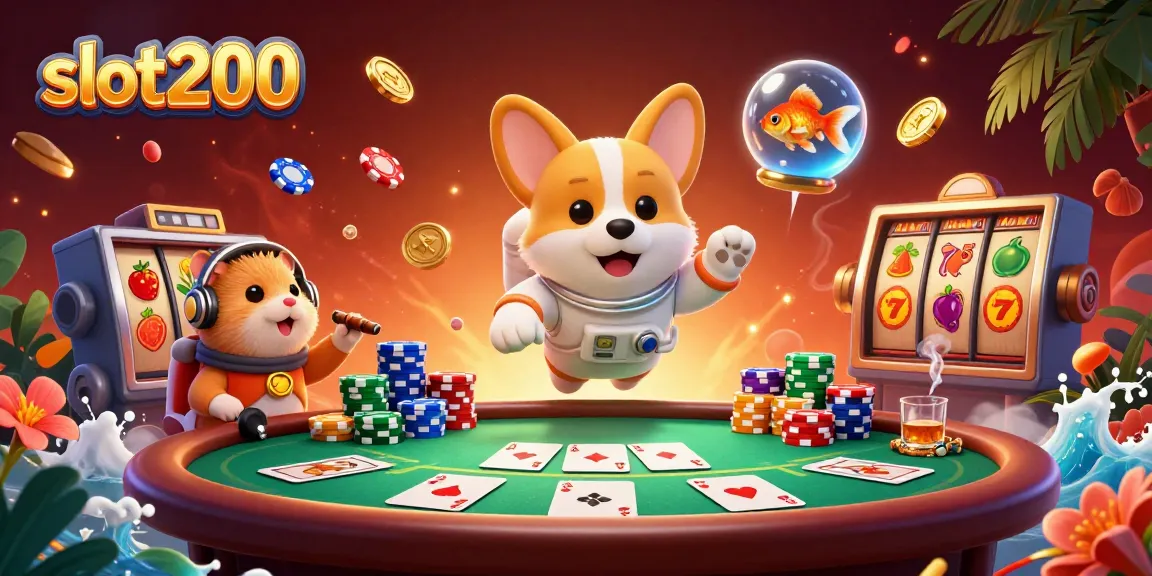 Visualisasi slot200 dengan corgi astronaut bermain di kasino luar angkasa, menyebar chip poker dan koin emas.
